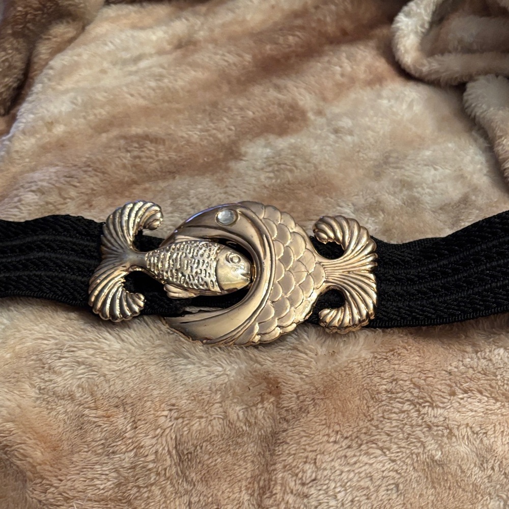 Vintage 2 Gold Fish Motif Black Elastic Women's Belt 29” to about 35”